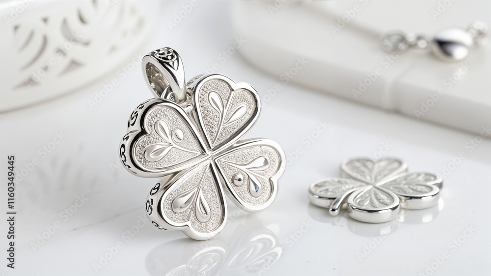 Elegant silver four-leaf clover pendant with intricate design resting on glossy surface Elegant silver four-leaf clover pendant with intricate design resting on glossy surface