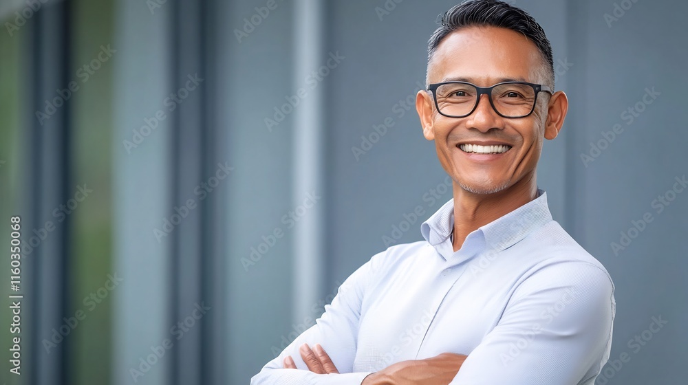 Close-up Photo: Confidently Smiling Man, Arms Crossed, Modern Urban Setting. AI Generated Close-up Photo: Confidently Smiling Man, Arms Crossed, Modern Urban Setting. AI Generated