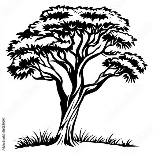 Black and white illustration of a single tree with grass. photo