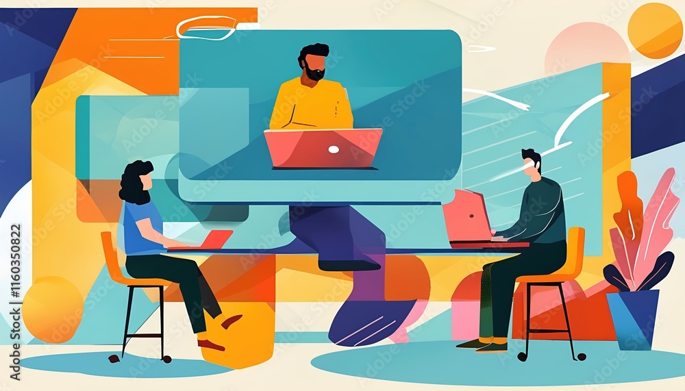 Fototapeta premium A vibrant illustration of remote collaboration, featuring two individuals communicating through a computer screen, showcasing modern digital interaction.