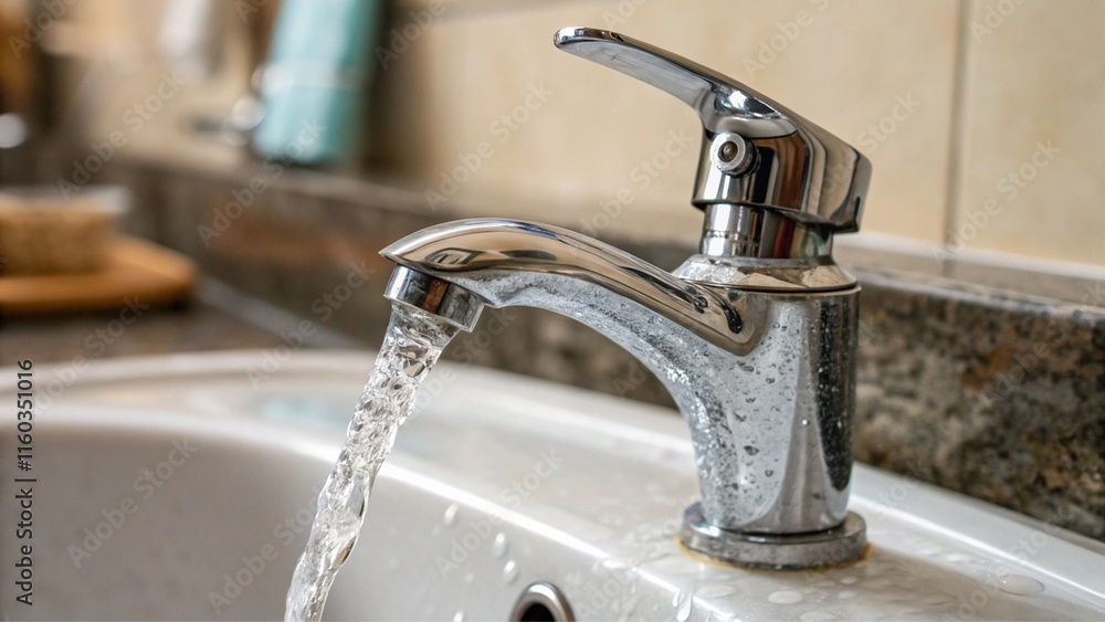 Steel Chrome Faucet with Water Flowing in Kitchen, Close-up Steel Chrome Faucet with Water Flowing in Kitchen, Close-up
