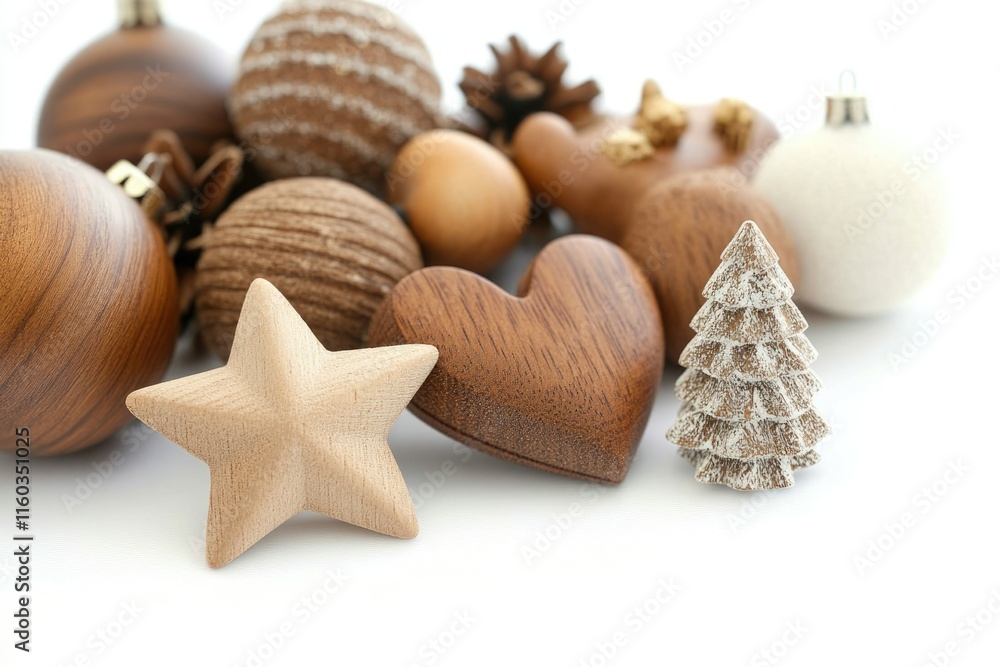 Wooden Christmas ornaments, a star, heart, and tree, create a rustic and elegant festive display. Wooden Christmas ornaments, a star, heart, and tree, create a rustic and elegant festive display.