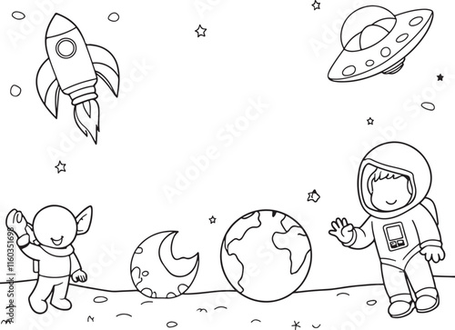 Astronaut Alien Rocket Ufo in Space Cartoon Vector Icon Illustration Science Technology Isolated