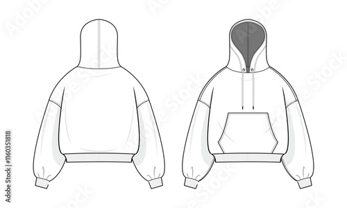 Hoodie technical fashion illustration. hoodie vector template illustration. Front and back view. Oversized sleeve. Drop shoulder. Unisex. White color. CAD mockup.