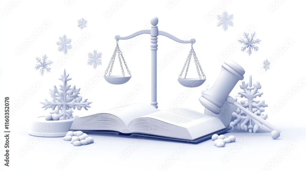 Winter holiday justice concept with scales, gavel, book, and snowflakes. Winter holiday justice concept with scales, gavel, book, and snowflakes.