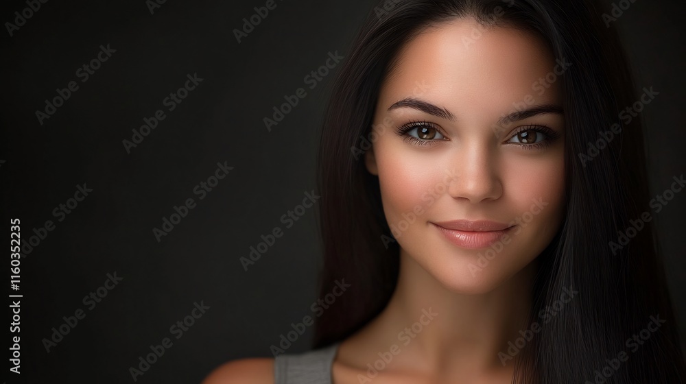 Close-up Photo: Serene Woman Smiling Gently Against Dark Background. AI Generated Close-up Photo: Serene Woman Smiling Gently Against Dark Background. AI Generated