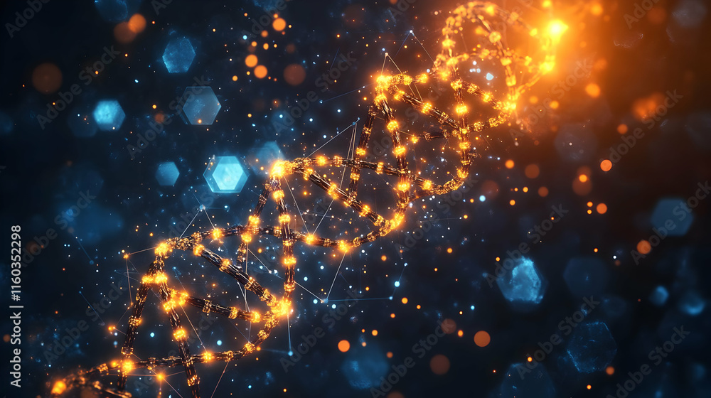 Abstract representation of a DNA strand with glowing particles and a cosmic background.