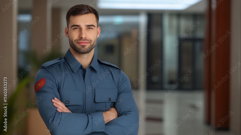 Confident Security Guard Portrait: Close-up Photo in Modern Lobby. AI Generated Confident Security Guard Portrait: Close-up Photo in Modern Lobby. AI Generated