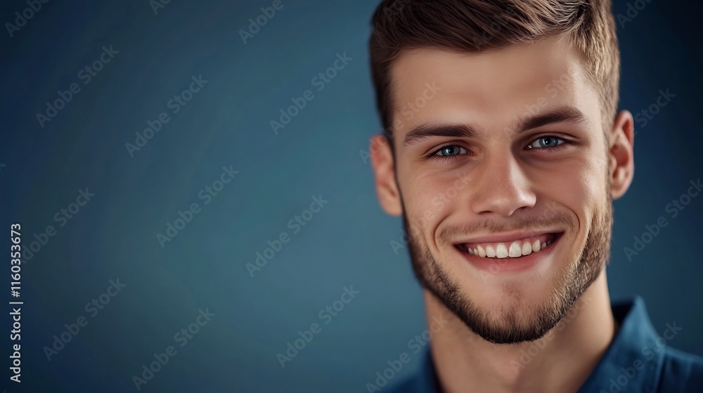 Obraz premium Close-up Photo: Handsome Man Smiling Confidently Against a Deep Blue Background. AI Generated