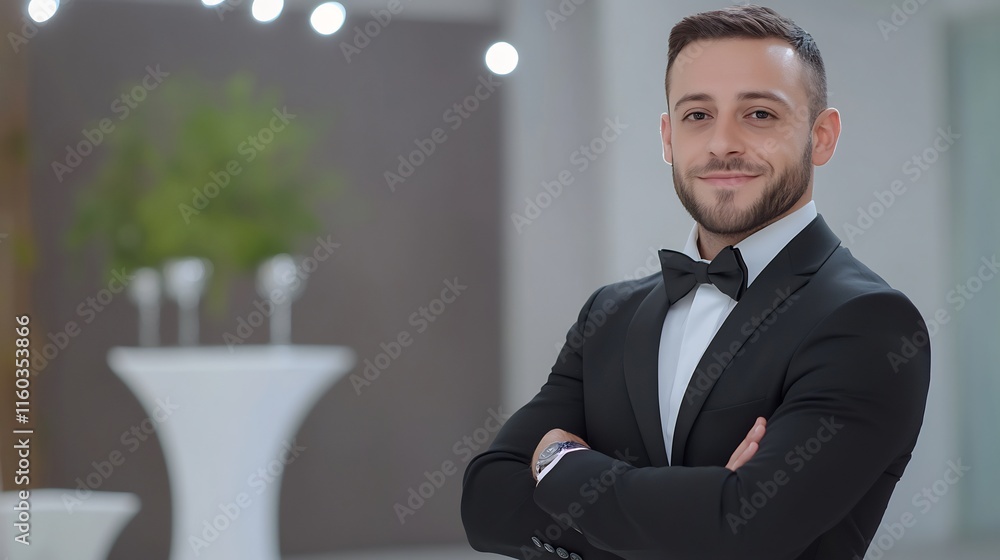 Confidently Smiling Man in Tuxedo, Close-up Photo at Elegant Event. AI Generated Confidently Smiling Man in Tuxedo, Close-up Photo at Elegant Event. AI Generated