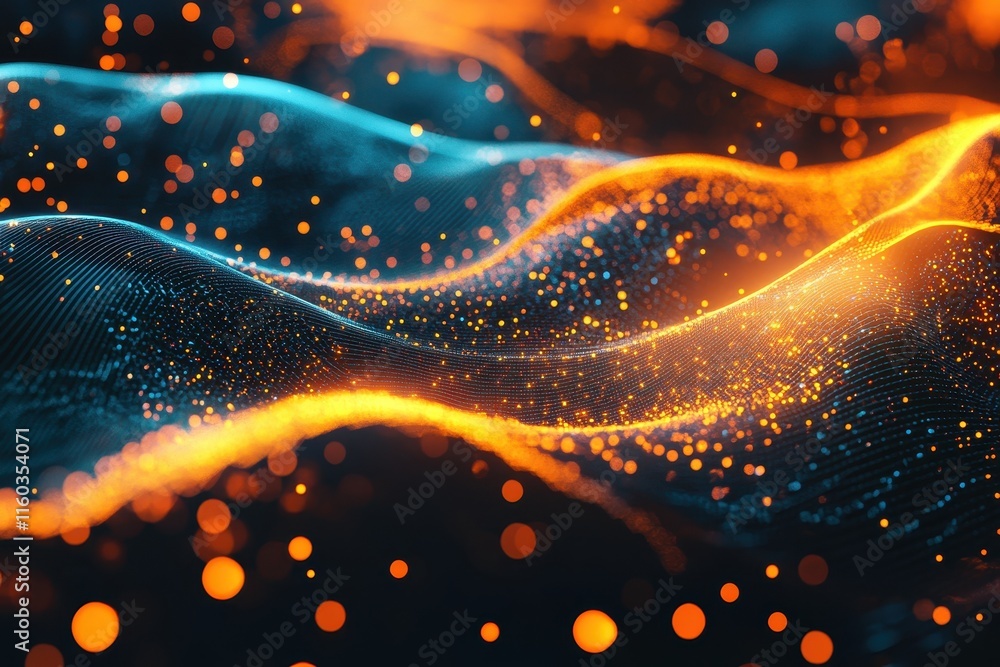 Abstract wave of glowing particles, blue and orange. Abstract wave of glowing particles, blue and orange.