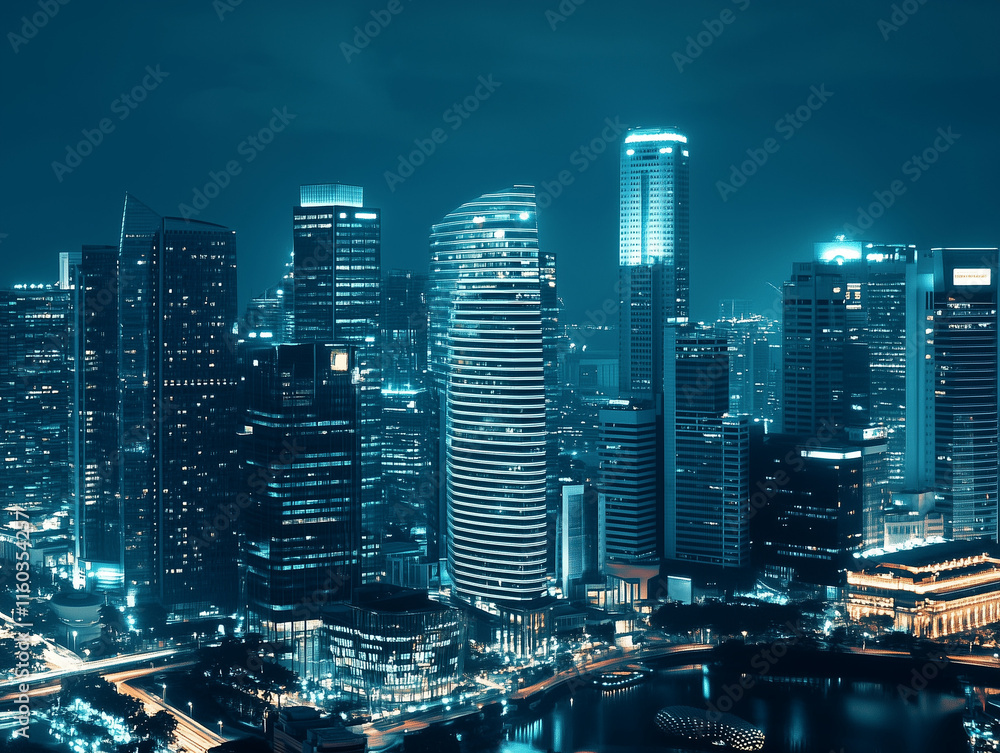 Fototapeta premium A stunning view of a vibrant city skyline at night, showcasing illuminated skyscrapers and a bustling urban atmosphere.