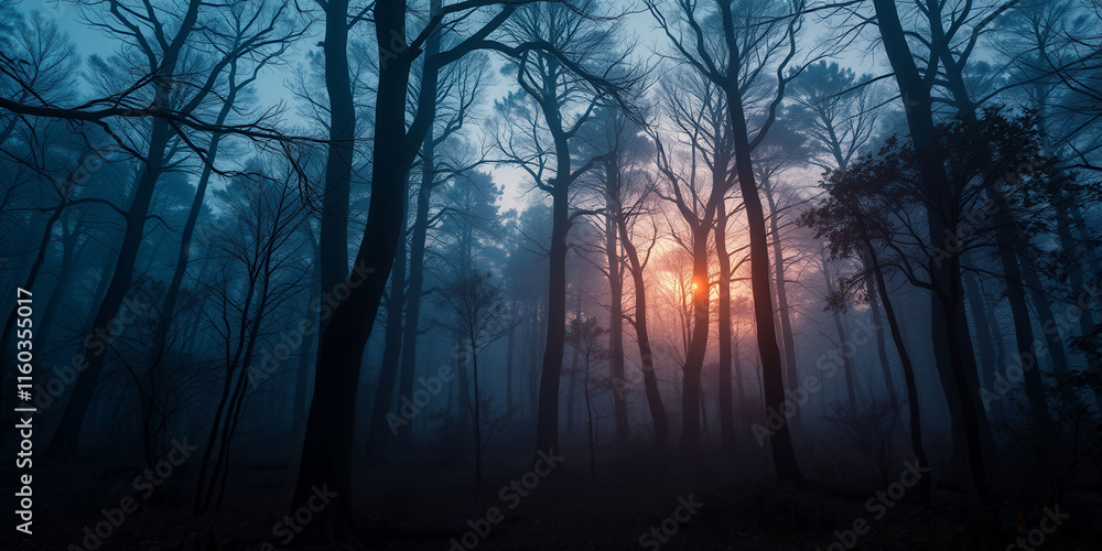 Naklejka premium A peaceful and serene forest at night, with trees casting shadows on the ground. The sun is setting in the distance, creating a warm glow that illuminates the forest. The scene is quiet and calm