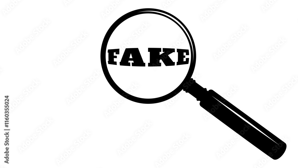 fake under magnifying glass, black isolated silhouette fake under magnifying glass, black isolated silhouette
