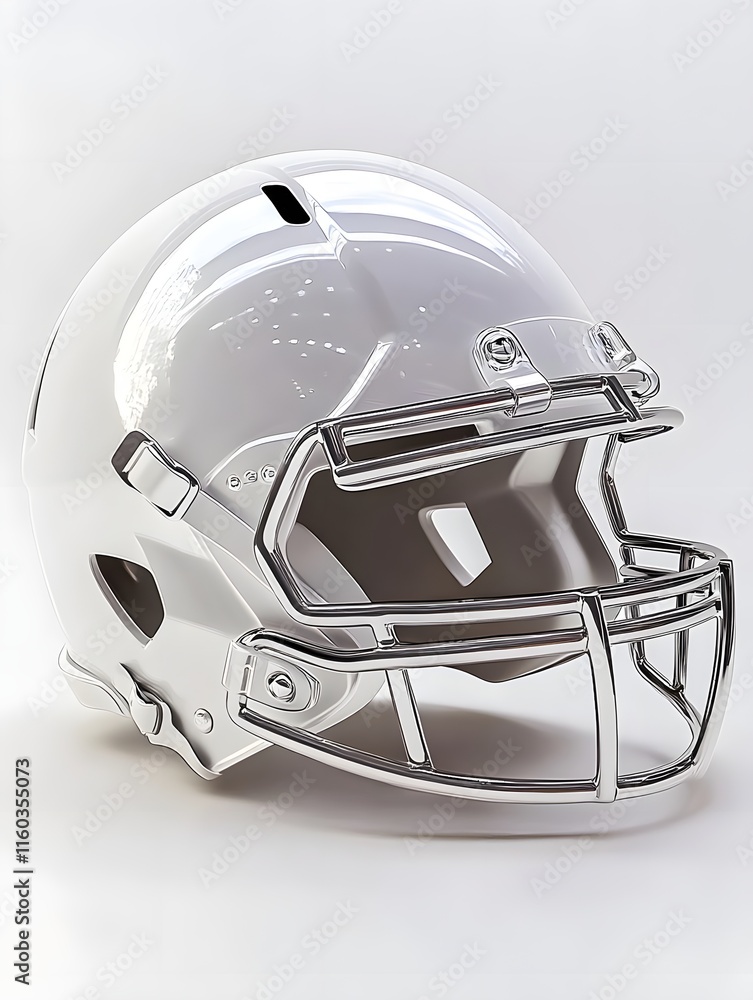 Fototapeta premium A sleek white football helmet with a shiny chrome faceguard, designed for protection in sports.
