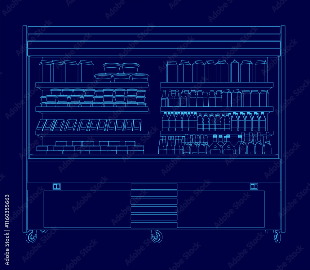 Blue drawing of a grocery store with a lot of food and drinks. Scene is cheerful and inviting, as it shows a variety of items for sale Blue drawing of a grocery store with a lot of food and drinks. Scene is cheerful and inviting, as it shows a variety of items for sale