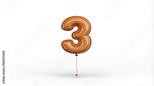 Shiny golden number three balloon with floating string on white background photo