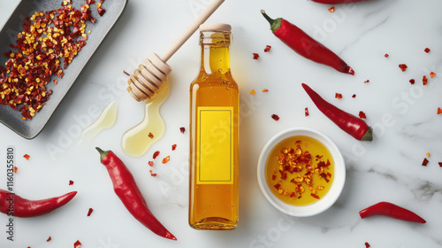 Spicy honey infusion with red chili peppers and dried flakes on marble background for culinary design photo