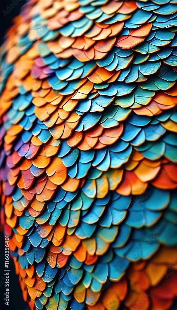 Obraz premium A vibrant close-up of colorful scales featuring blue, orange, and yellow hues, showcasing intricate patterns and textures.