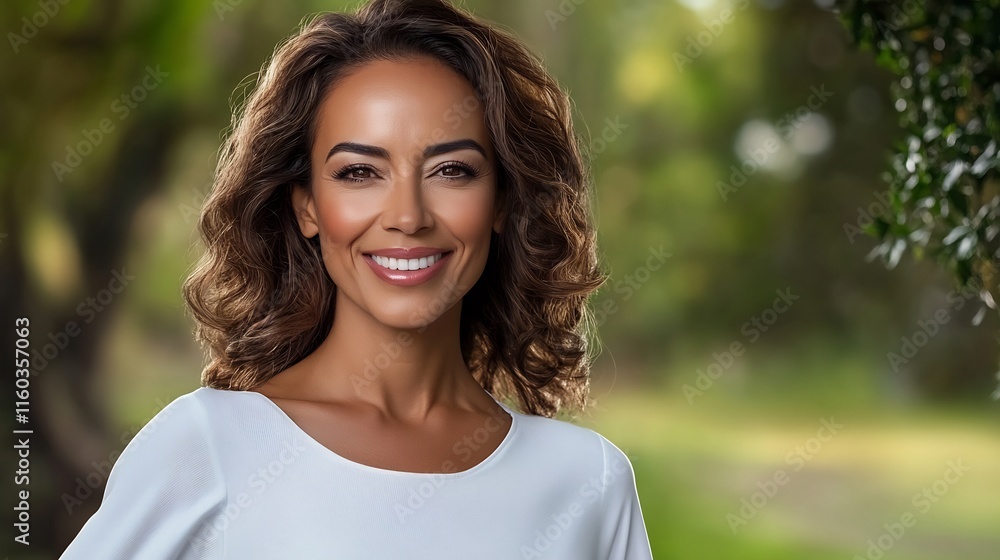 Close-up Photo: Radiantly Smiling Woman Outdoors in Lush Greenery. AI Generated Close-up Photo: Radiantly Smiling Woman Outdoors in Lush Greenery. AI Generated