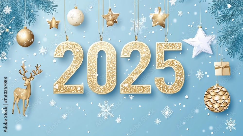Happy New Year 2025. Hanging golden metallic numbers 2025 with stars, balls and snowflake on blue background. Reindeer, gift boxes, metallic pine or fir, cone shape spruce trees. Happy New Year 2025. Hanging golden metallic numbers 2025 with stars, balls and snowflake on blue background. Reindeer, gift boxes, metallic pine or fir, cone shape spruce trees.