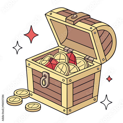A small, open treasure chest filled with gold coins and jewels