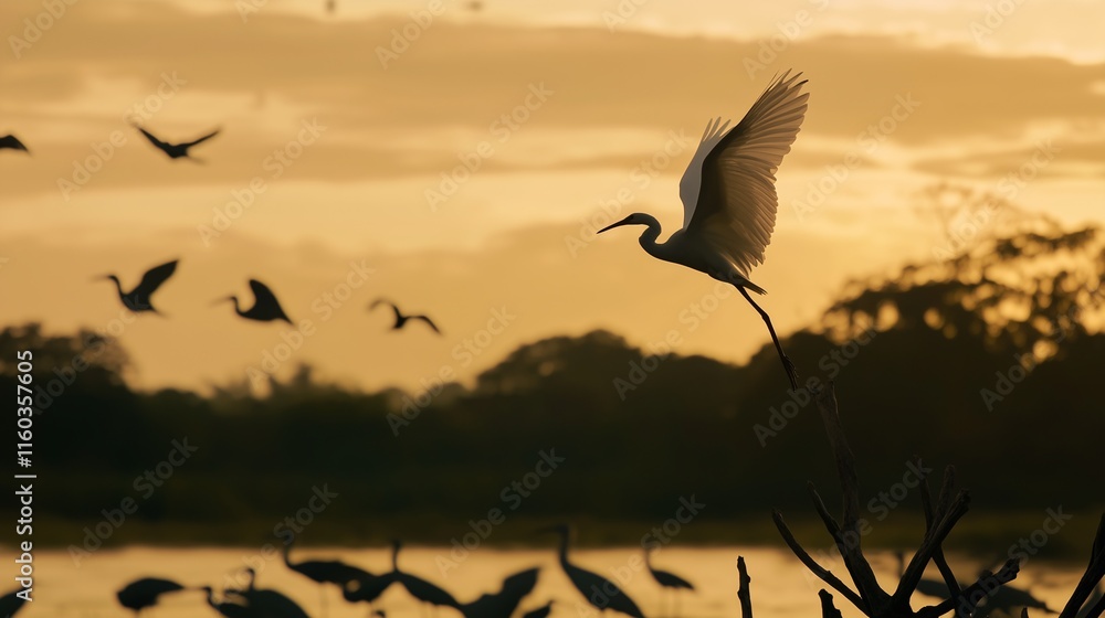 Fototapeta premium Egret silhouetted in flight at sunset, with other birds in the distance over a tranquil wetland.