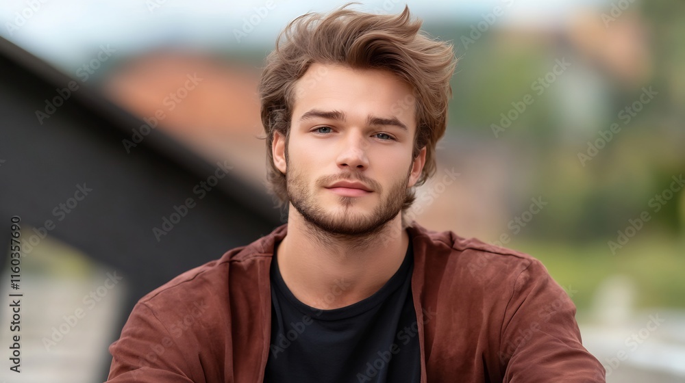 Close-up Photo: Handsome Man Calmly Posing Outdoors. AI Generated Close-up Photo: Handsome Man Calmly Posing Outdoors. AI Generated