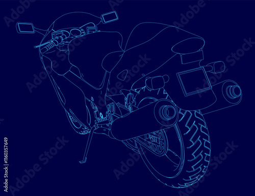 Blue drawing of a motorcycle with a seat. The motorcycle is shown in a stylized way, with the seat and handlebars being the only parts of the bike that are clearly visible