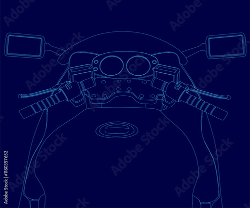 Blue drawing of a motorcycle with a frame. The motorcycle is shown from the side and the front view. The front view shows the handlebars and the front wheel