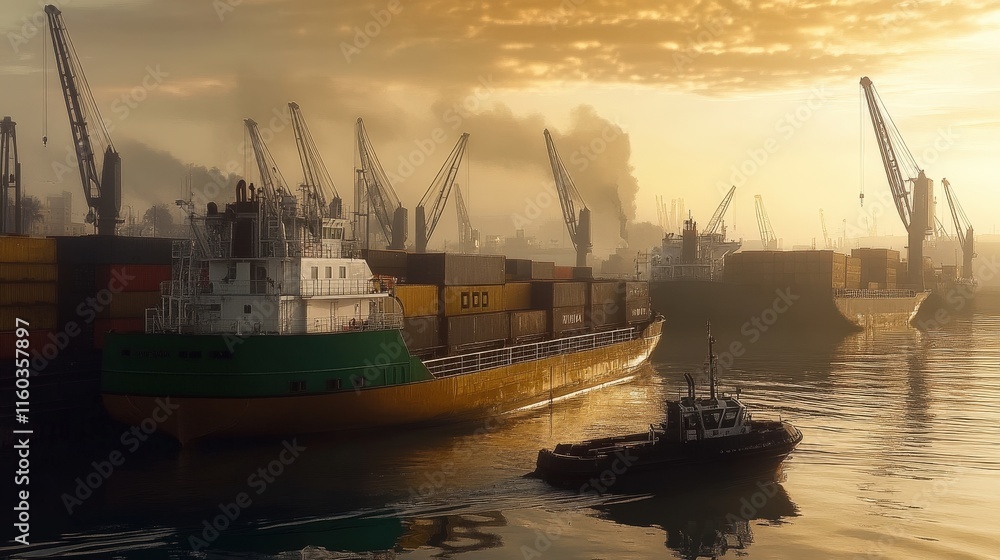 Busy Harbor Scene with Cargo Ships and Cranes Under Golden Sunset Busy Harbor Scene with Cargo Ships and Cranes Under Golden Sunset