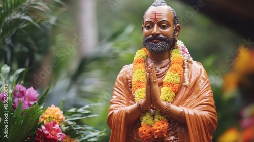 Ramakrishna jayanti celebration with floral garland and spiritual symbolism photo