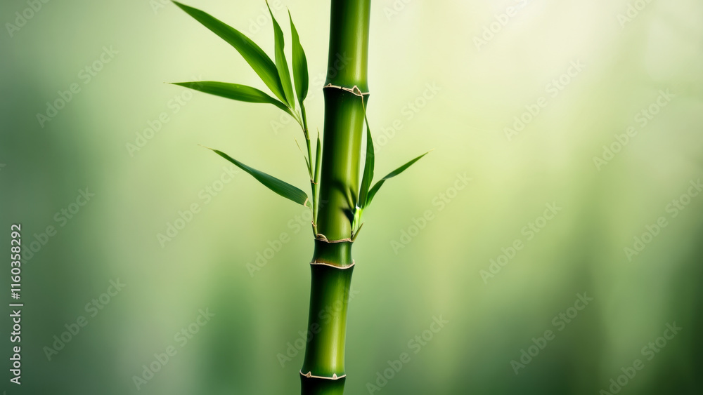 Fototapeta premium Green bamboo stalk with fresh leaves in a serene natural setting during daylight hours