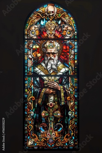 St. Pirans Intricate stained glass design featuring a regal figure in vibrant colors photo