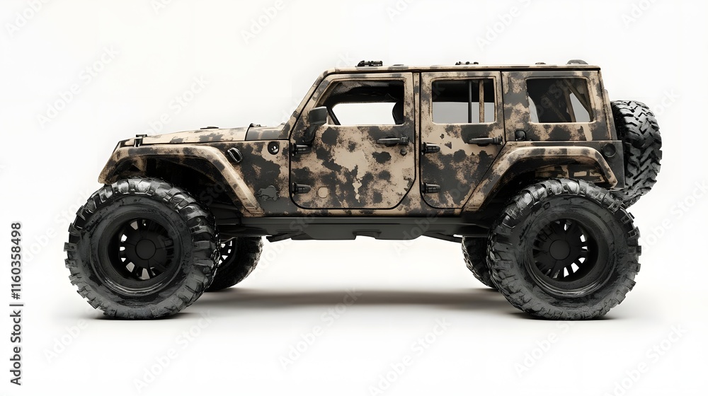 A detailed model of a camouflage-patterned off-road vehicle with oversized tires. A detailed model of a camouflage-patterned off-road vehicle with oversized tires.
