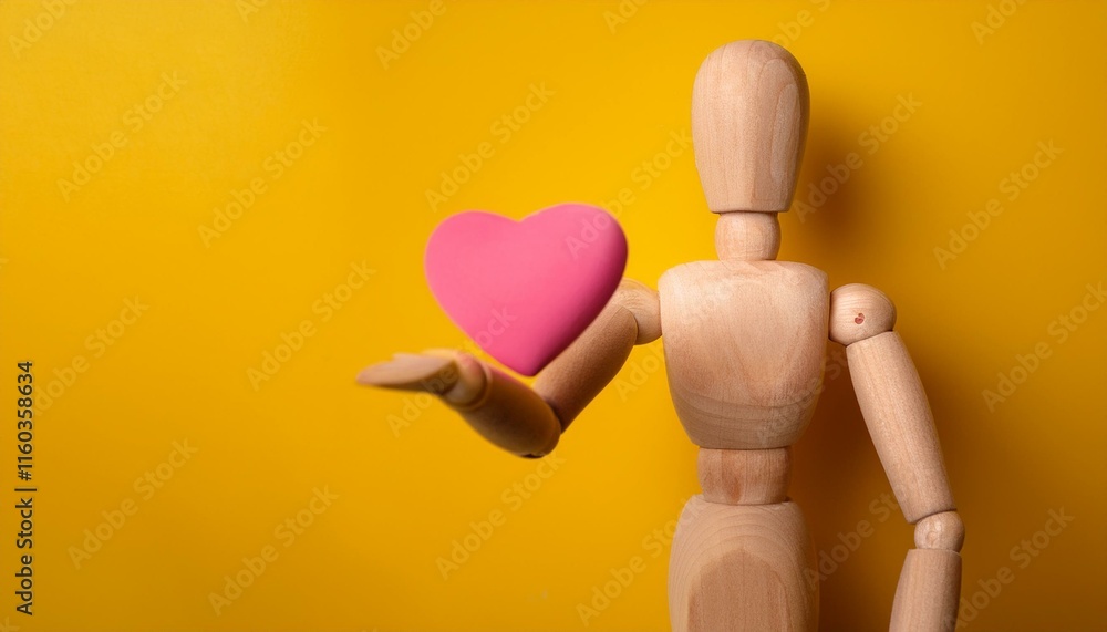 A wooden mannequin holds a pink heart on its outstretched hand, on a yellow background. A wooden mannequin holds a pink heart on its outstretched hand, on a yellow background.