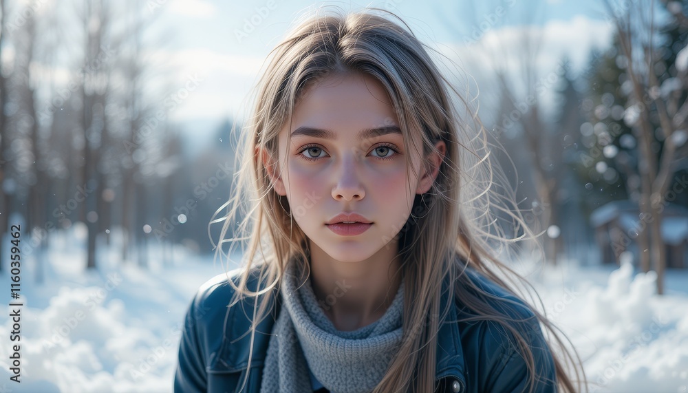 Winter Wonderland Portrait: A Serene Young Woman in a Snowy Forest Winter Wonderland Portrait: A Serene Young Woman in a Snowy Forest