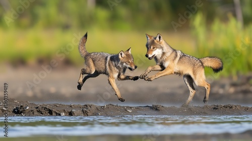 Two wolf pups playing on muddy riverbank, mid-jump, in natural sunlight. photo