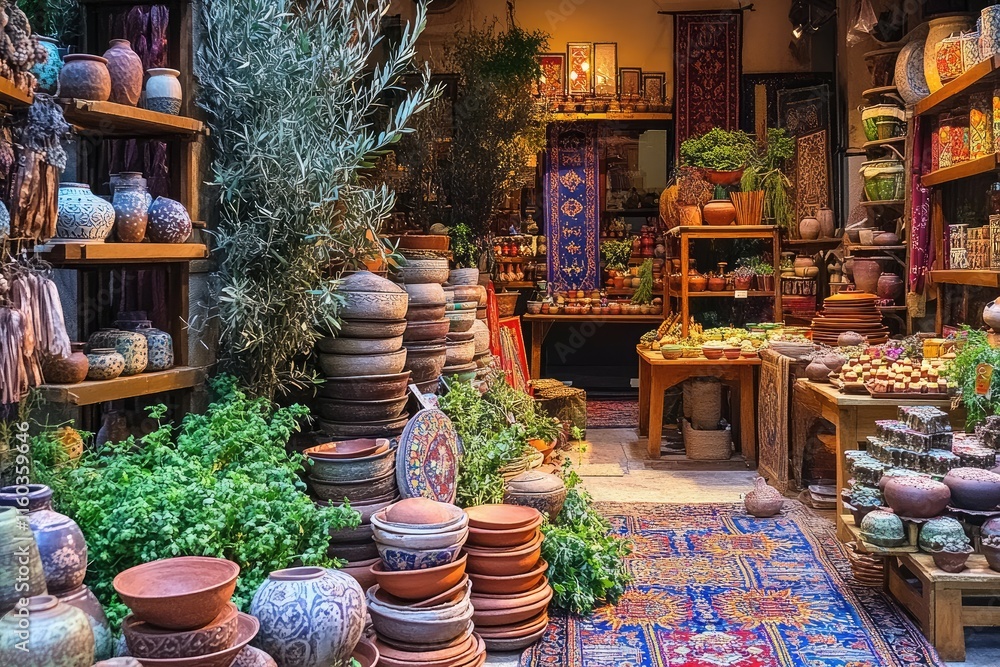 Fototapeta premium A vibrant market scene filled with pottery, plants, and decorative items.