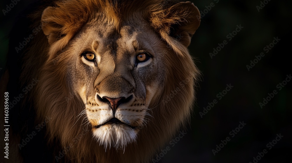 Naklejka premium Majestic lion with a piercing gaze in dramatic low light.