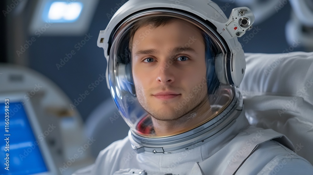Close-up Photo: Confident Astronaut Calmly Prepares for Space Mission in Ship Cockpit. AI Generated Close-up Photo: Confident Astronaut Calmly Prepares for Space Mission in Ship Cockpit. AI Generated