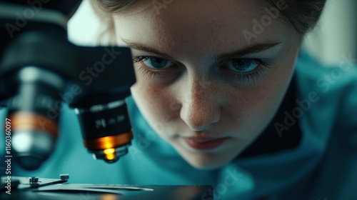 Focused Young Female Scientist Observing Specimen Under Microscope in Lab Environment