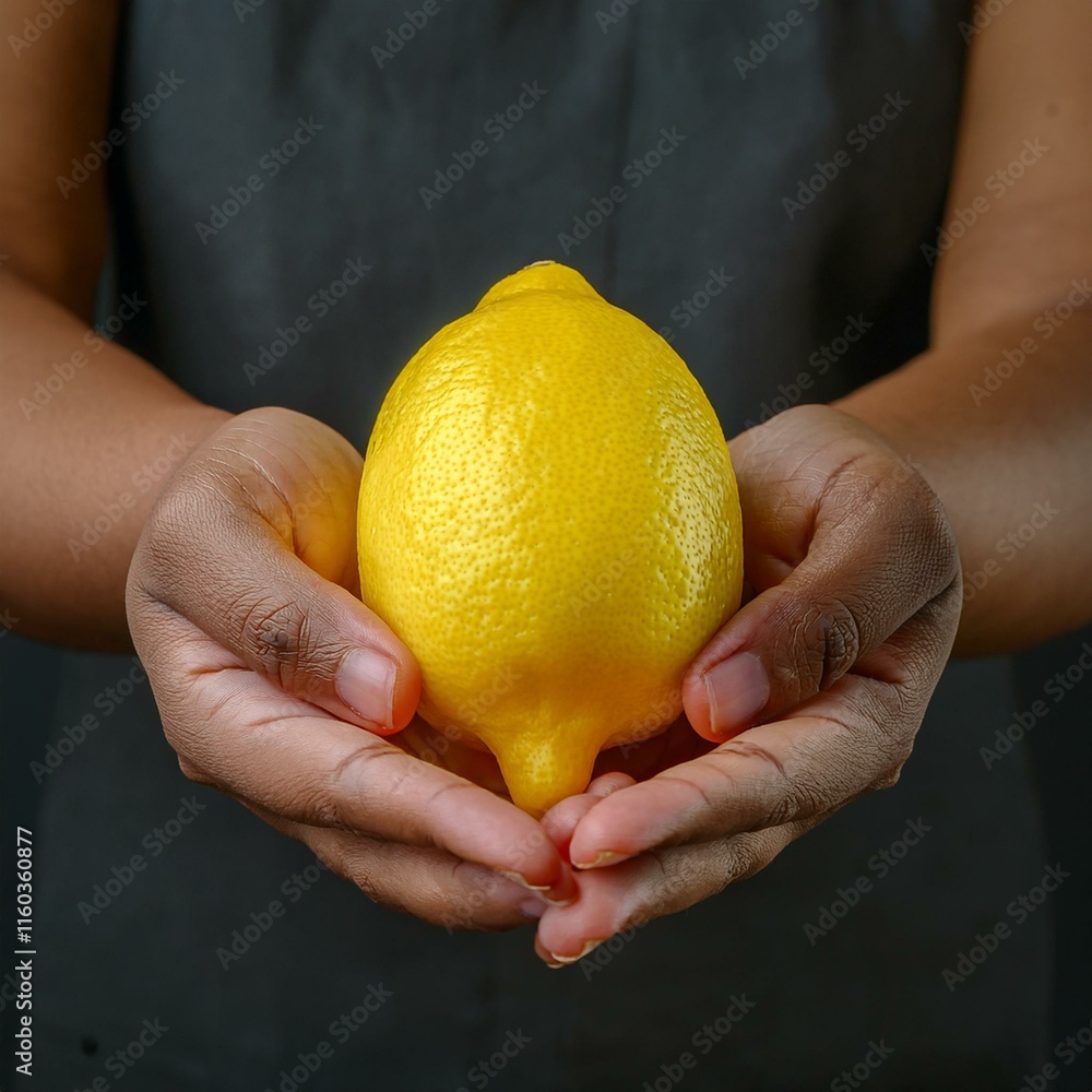 hand is holding a whole lemon against a dark background. hand is holding a whole lemon against a dark background.