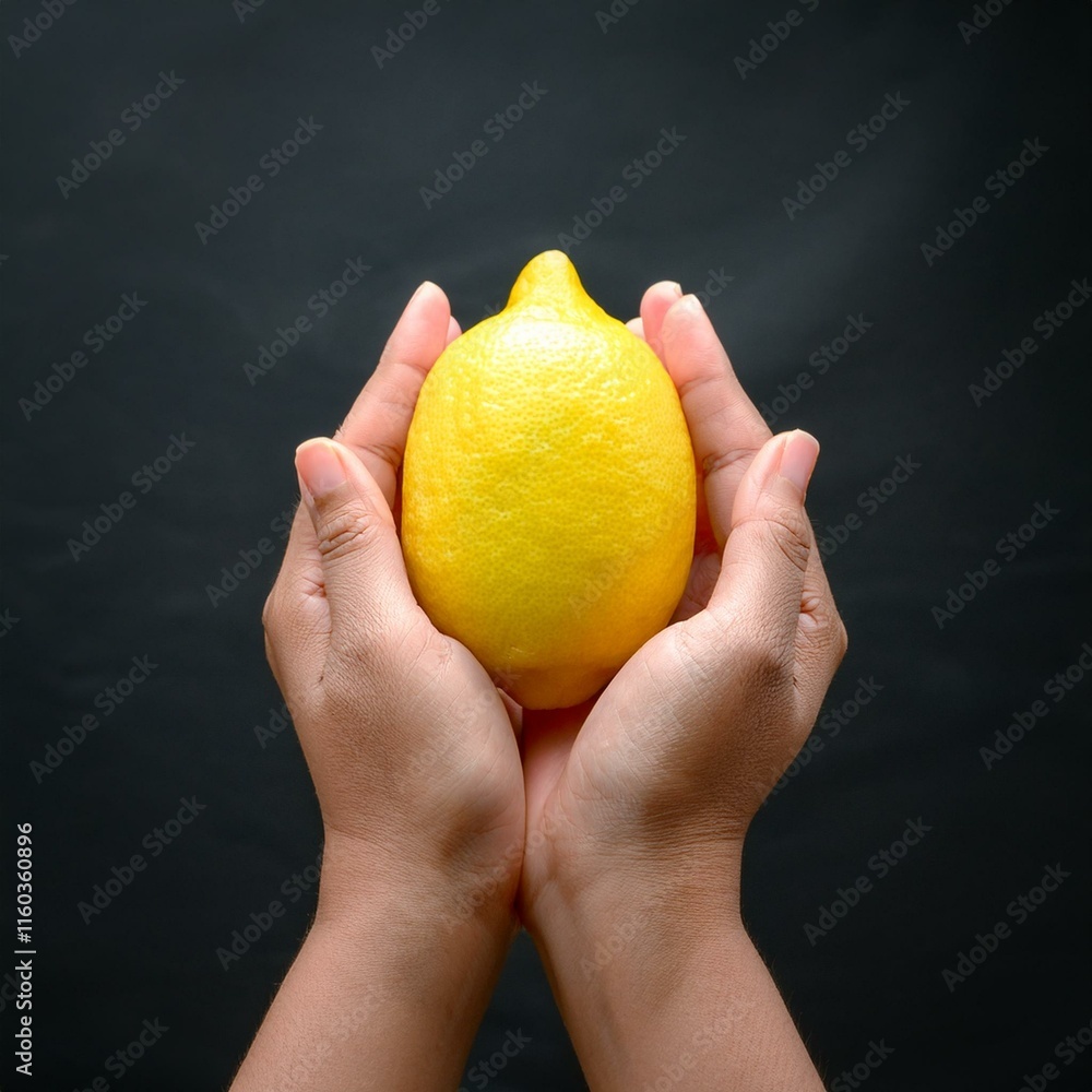 hand is holding a whole lemon against a dark background. hand is holding a whole lemon against a dark background.