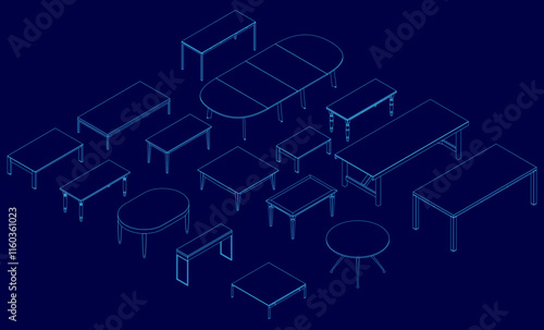Blue image of tables. The image is a computer generated drawing of tables. Isometric view