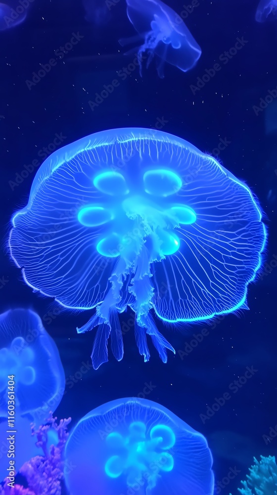 Mesmerizing moon jellyfish glowing in vibrant blue underwater. Perfect for marine, ocean, and nature themes. Mesmerizing moon jellyfish glowing in vibrant blue underwater. Perfect for marine, ocean, and nature themes.