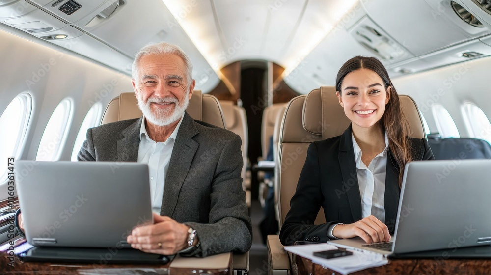Business colleagues working on laptops during a flight. AI. Business colleagues working on laptops during a flight. AI.