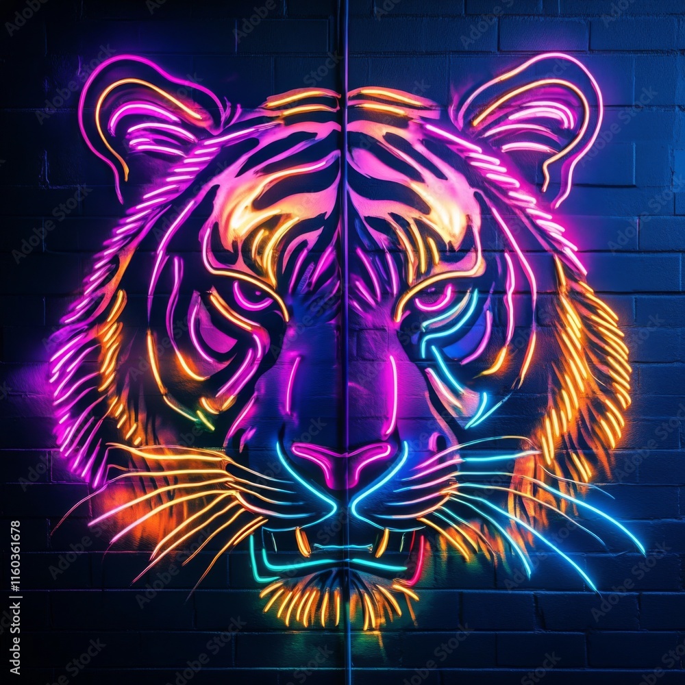 Neon tiger head portrait on brick wall background. Neon tiger head portrait on brick wall background.