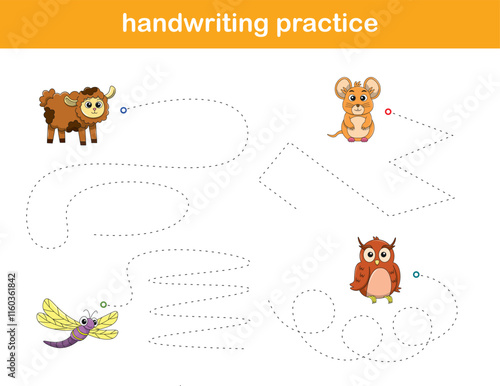 Handwriting Practice. Tracing lines for kids with animals. Vector Illustration