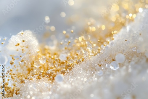 Sparkling gold and white particles on a textured surface.